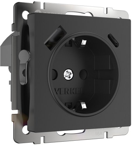 Розетка с заземлением +2хUSB тип A+С без рамки Werkel 1-м. шторки черный матовый картинка